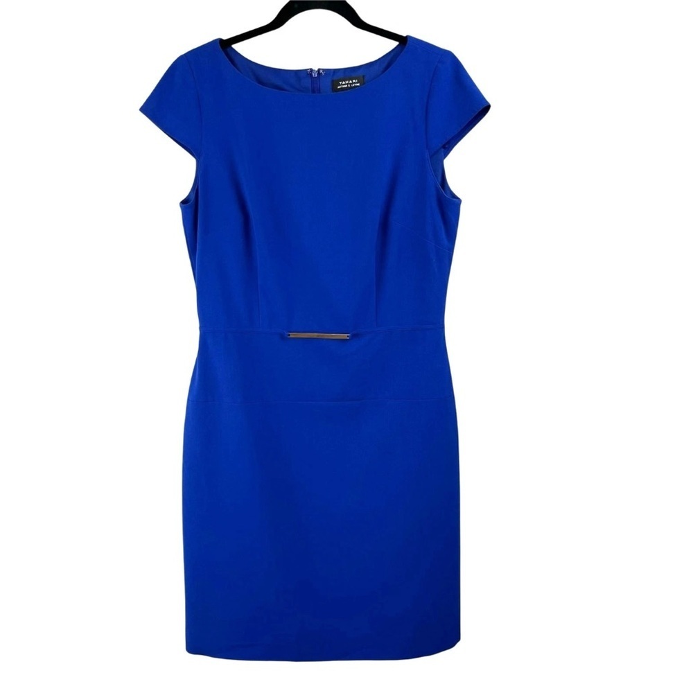 Tahari Arthur S. Levine Royal Blue Sheath Dress Gold Bar Accent Cap Sleeve 8